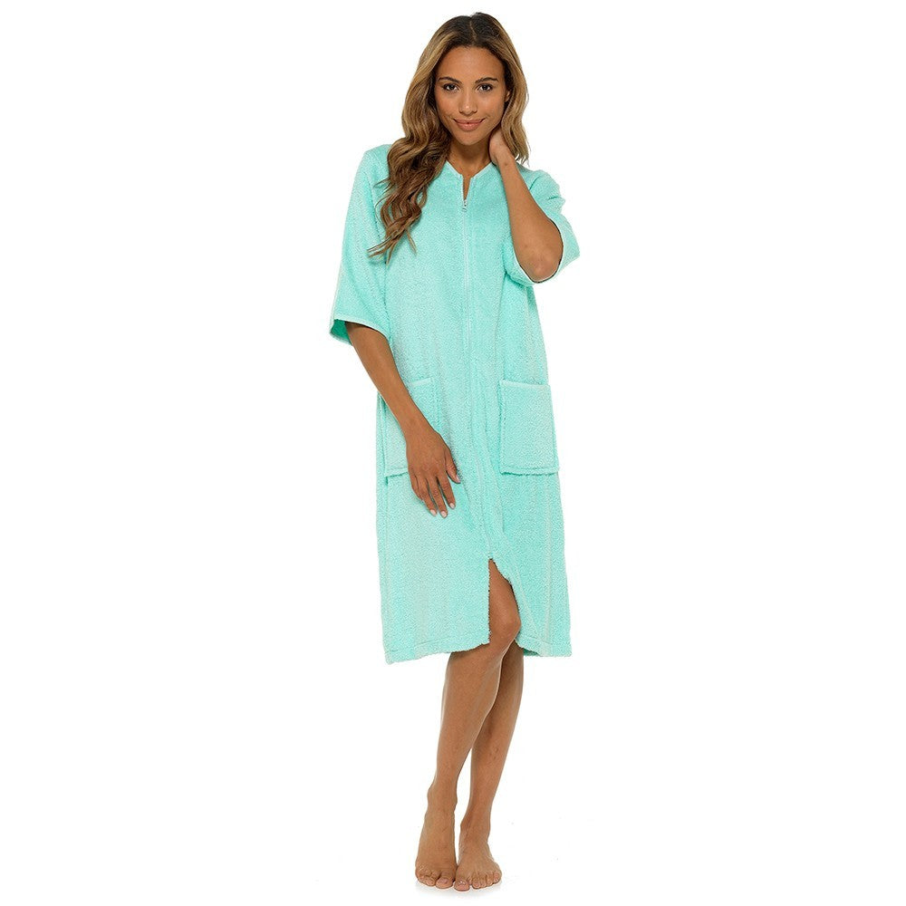 Women Terry Towelling Bathrobe Zip Up 100% Cotton Soft Warm Dressing Gown