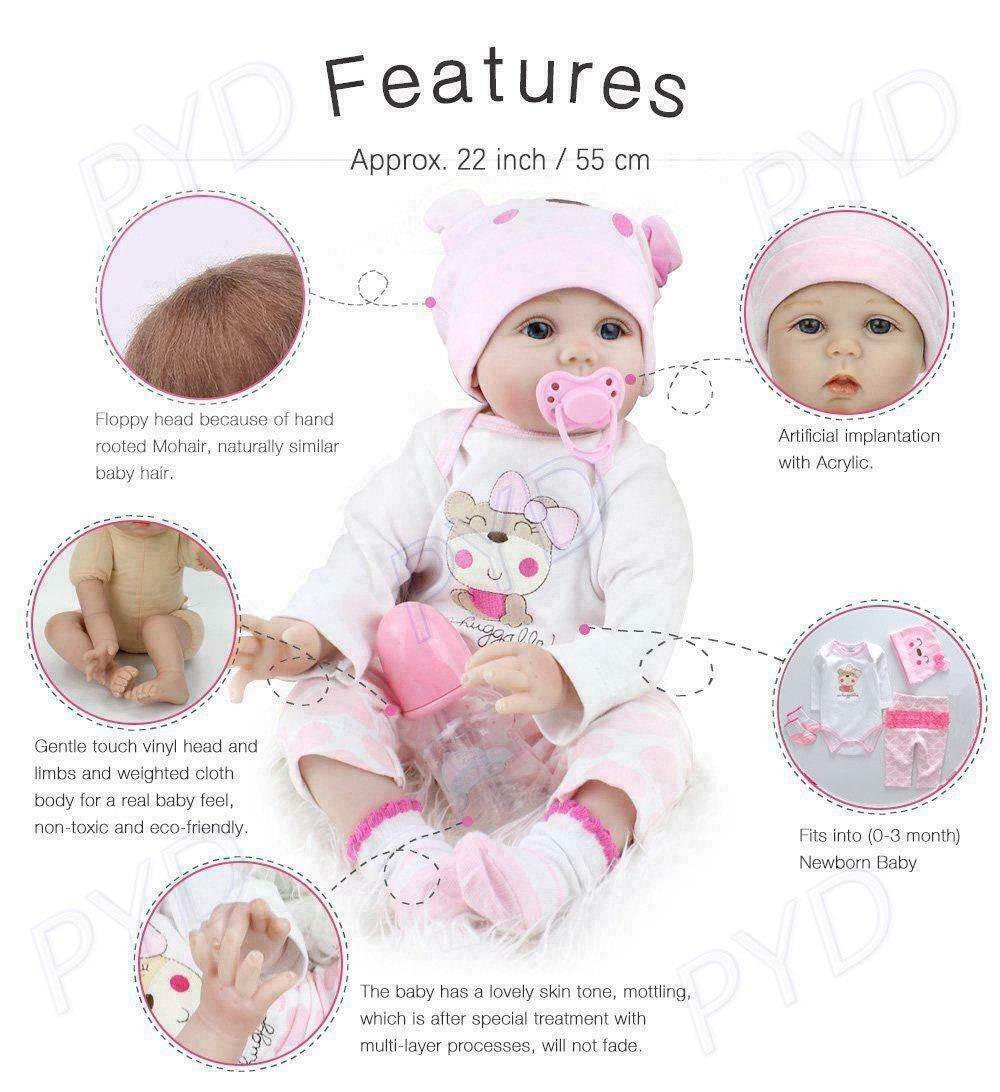 22'' Reborn Baby Dolls Vinyl Silicone Handmade Real Lifelike Newborn Girl Doll