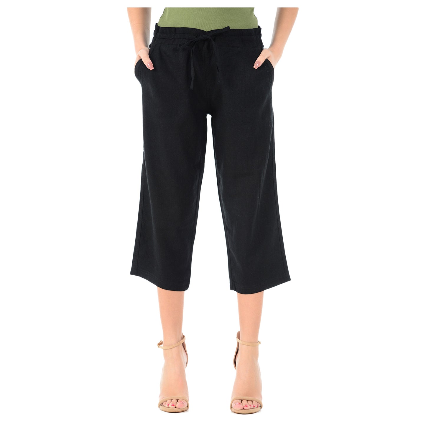 LADIES LINEN 3 QUARTER TROUSER WOMEN CROPPED 3/4 PANTS SUMMER RELAXED FIT SHORTS