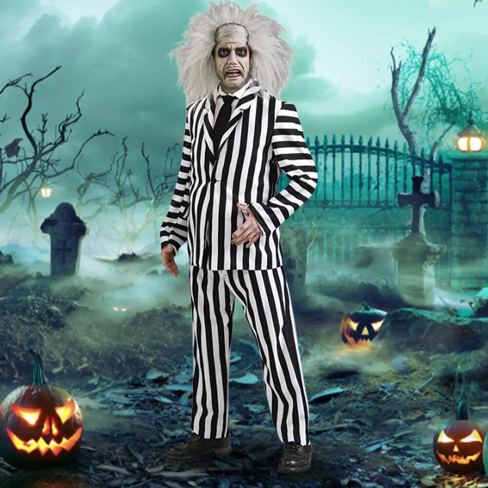 Men Beetlejuice Fancy Dress Spooky Halloween Cosplay Costume with Suit Pants Tie