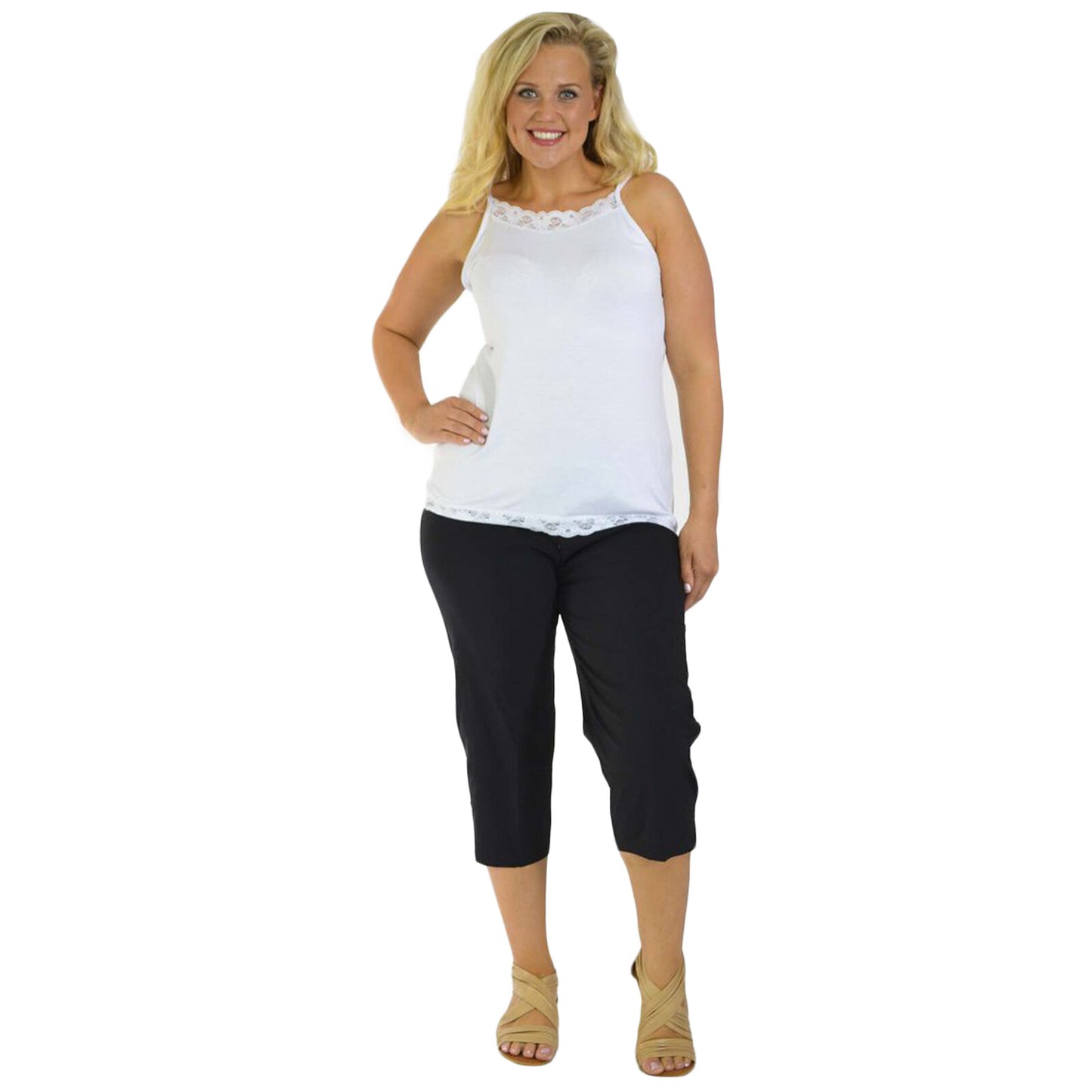 3/4 LENGTH WOMENS LADIES STRETCH ELASTICATED WAIST PLAIN PANTS CROPPED TROUSERS