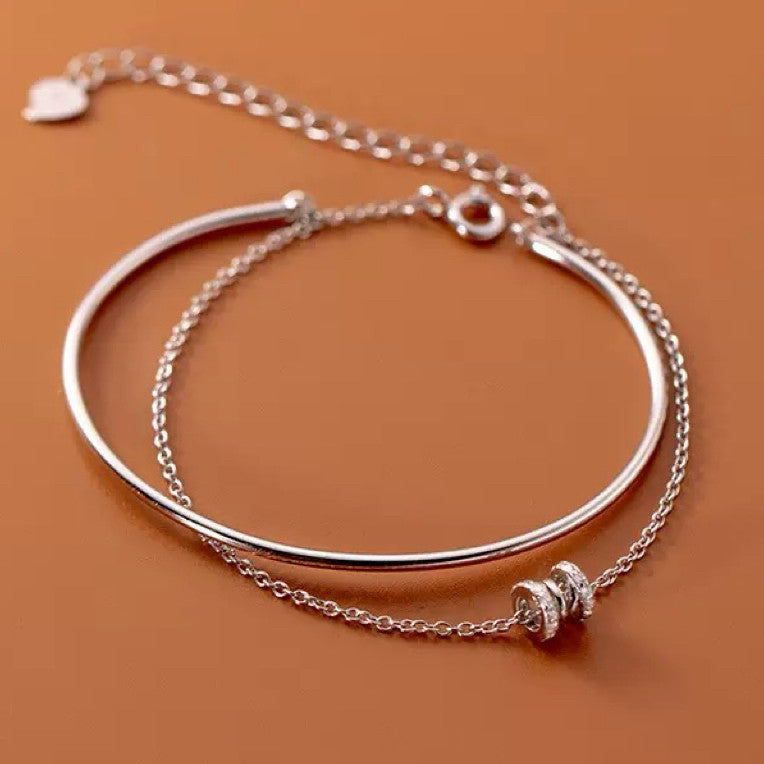 925 Sterling Silver Crystal Double Layer Fashion Charm Bracelet Women Jewellery