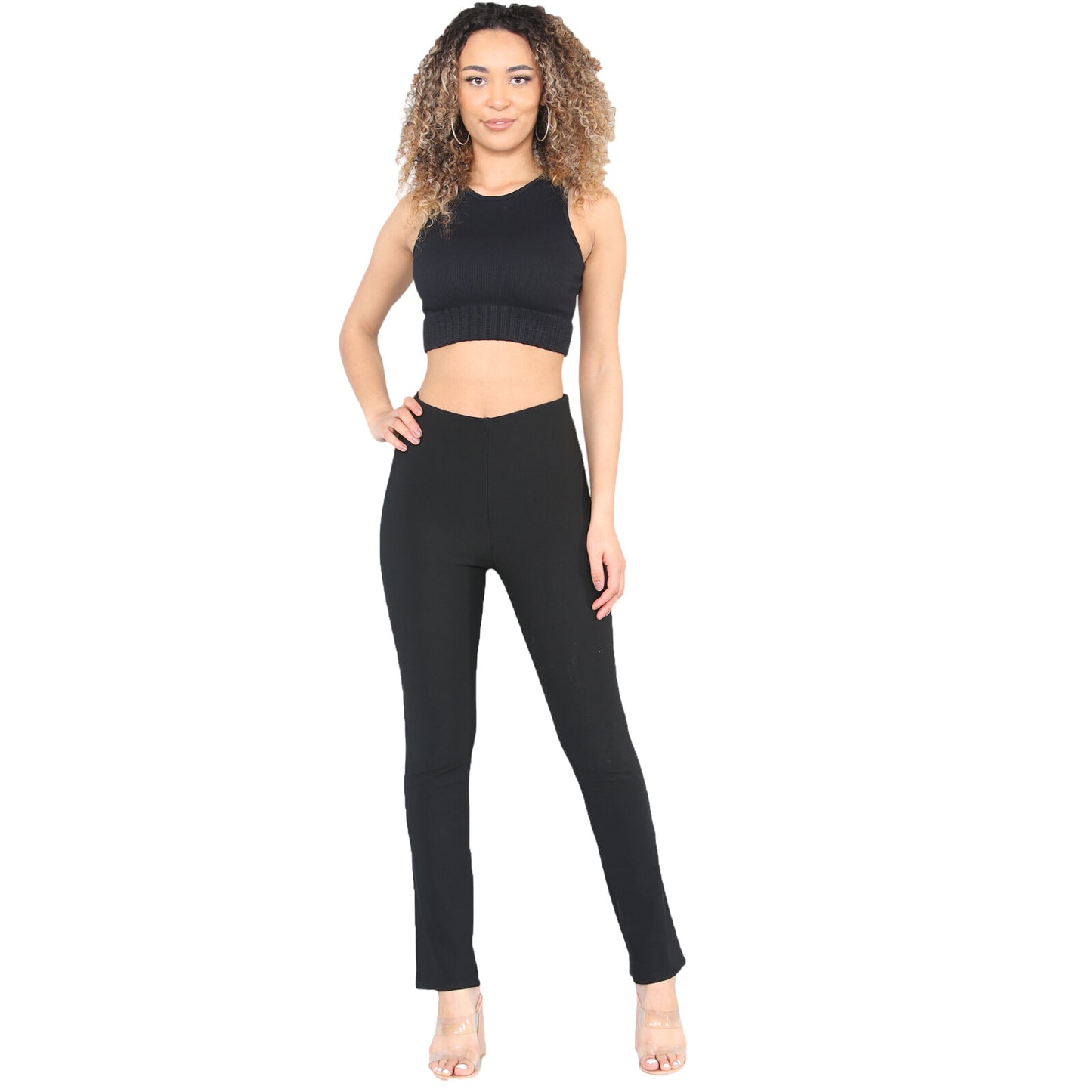 PACK OF 2 WOMENS BOOTLEG TROUSERS LADIES ELASTICATED WAIST RIBBED PANTS BOTTOMS