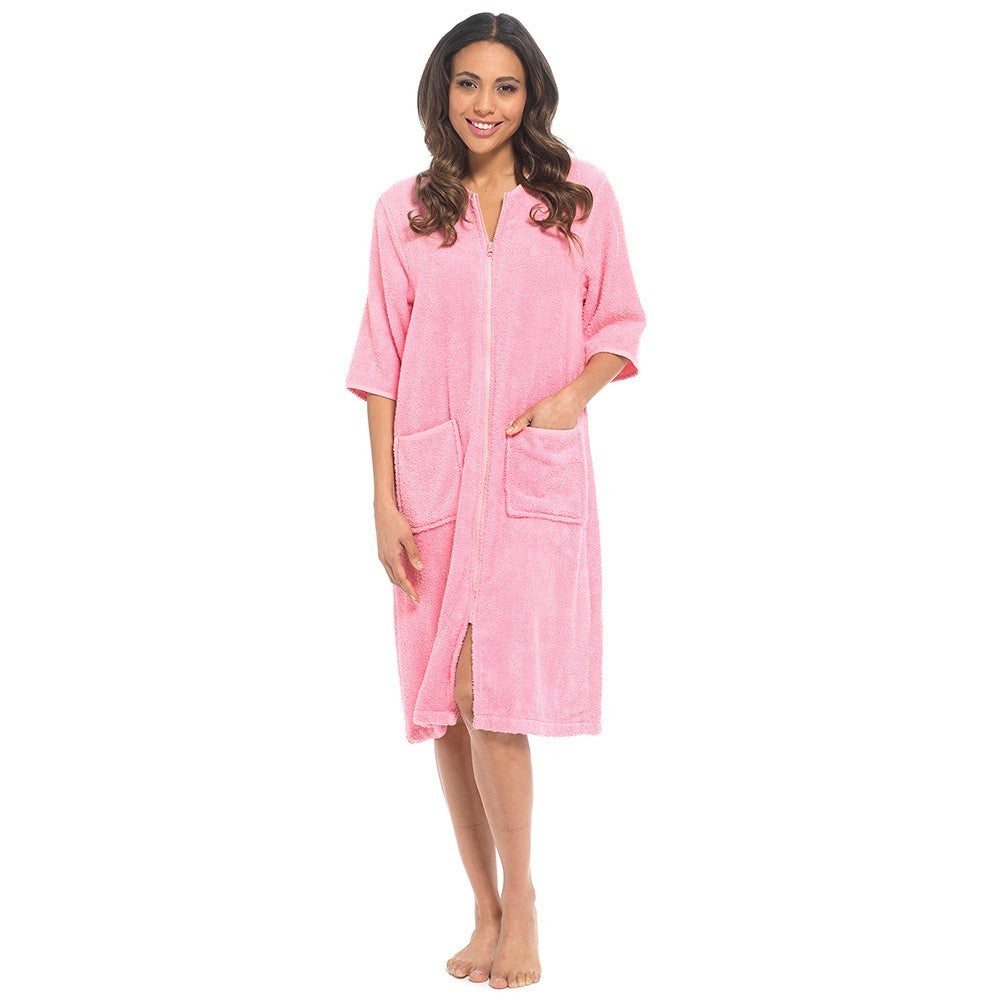 Women Terry Towelling Bathrobe Zip Up 100% Cotton Soft Warm Dressing Gown