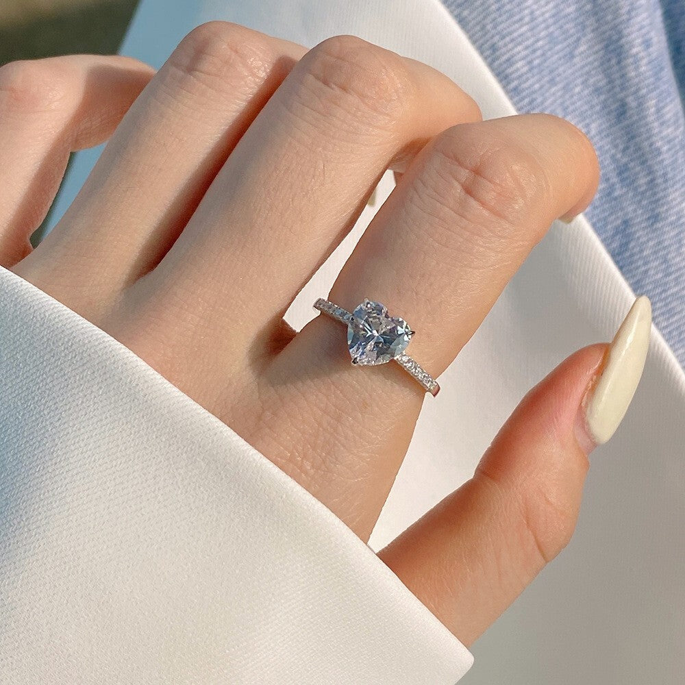 925 Sterling Silver Crystal Heart Adjustable Ring Engagement Women Jewellery Gif
