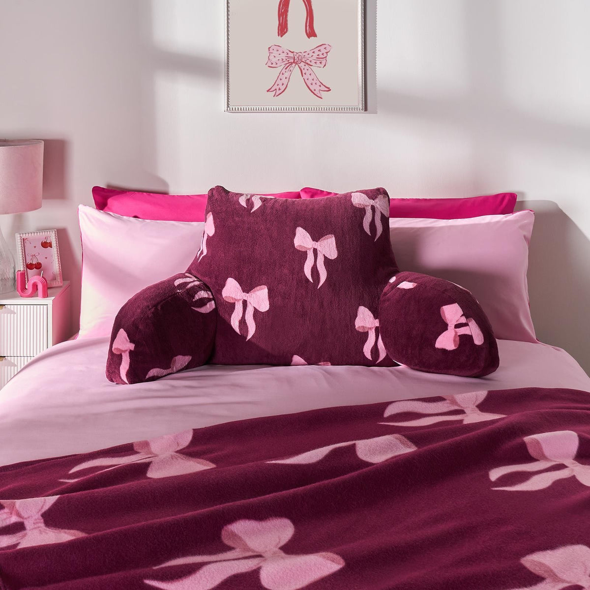 OHS Bows Cuddle Cushion Fleece Back Support Reading Pillow with Arms Bed Chair