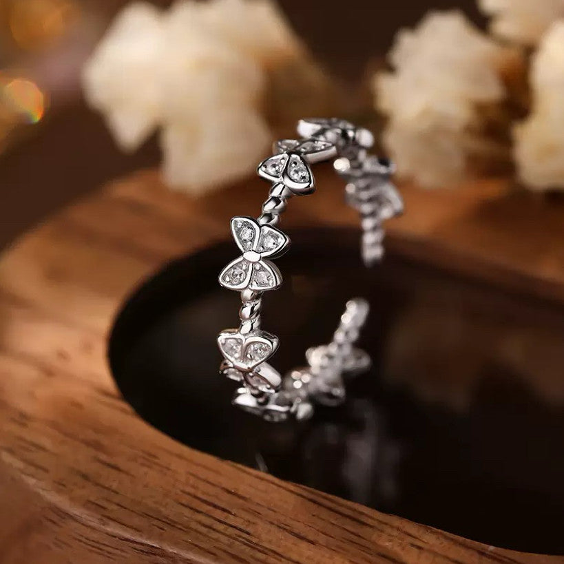 925 Sterling Silver Crystal Butterfly Linked Adjustable Ring Women Jewellery