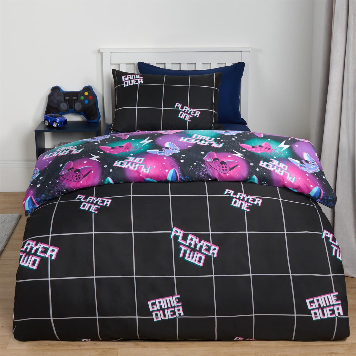 Gaming Duvet Cover Quilt Bedding Set Neon Reversible Kids Bed Soft Single Double