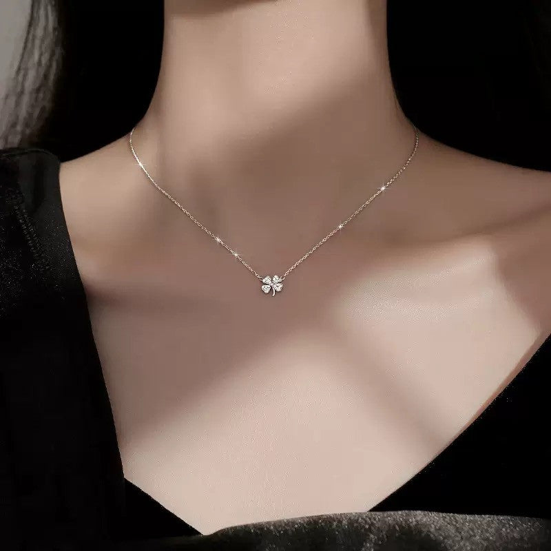 925 Sterling Silver Crystal Clover Flower Pendant Necklace Women Jewellery Gift