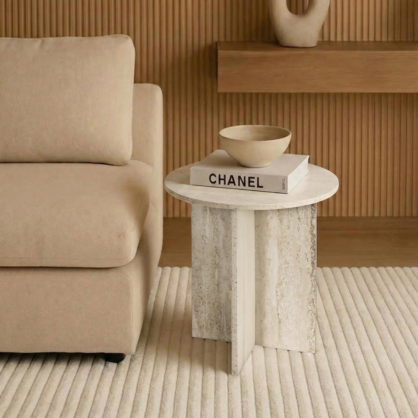 OHS Round Travertine Effect Side Table Engineered Wood Living Room Bedroom Decor