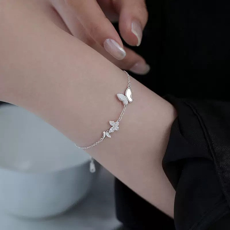 925 Sterling Silver Crystal Butterfly Linked Charm Bracelet Women Jewellery UK
