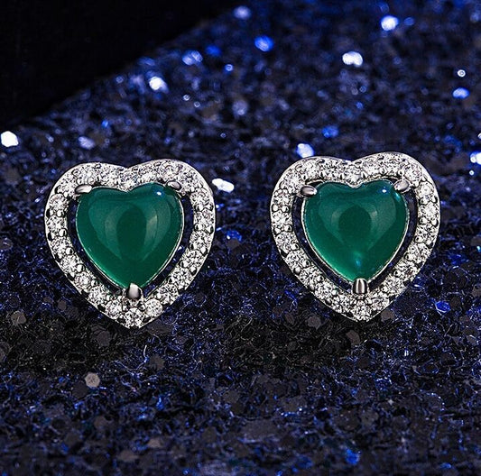 925 Sterling Silver Crystal Heart Green Jade Stud Earrings Jewellery Women Gift