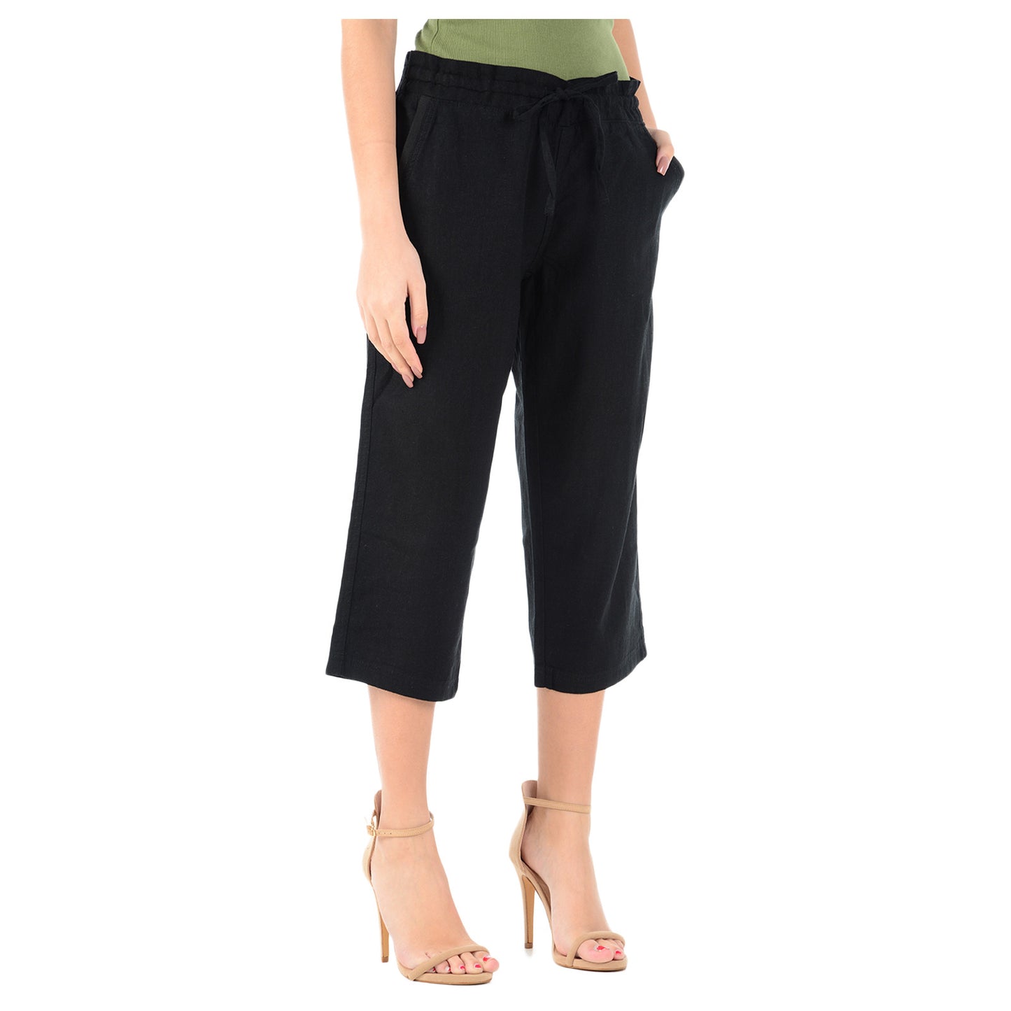 LADIES LINEN 3 QUARTER TROUSER WOMEN CROPPED 3/4 PANTS SUMMER RELAXED FIT SHORTS