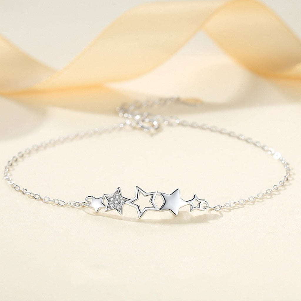 925 Sterling Silver Crystal Star Linked Charm Bracelet Women Jewellery Gift