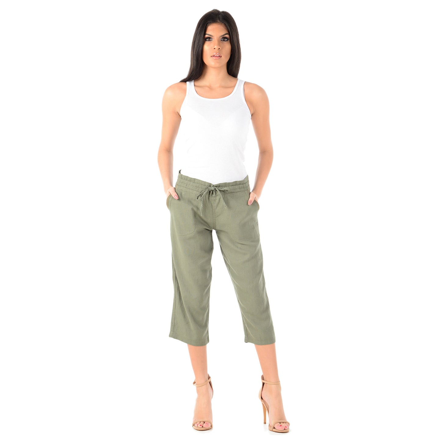 LADIES LINEN 3 QUARTER TROUSER WOMEN CROPPED 3/4 PANTS SUMMER RELAXED FIT SHORTS