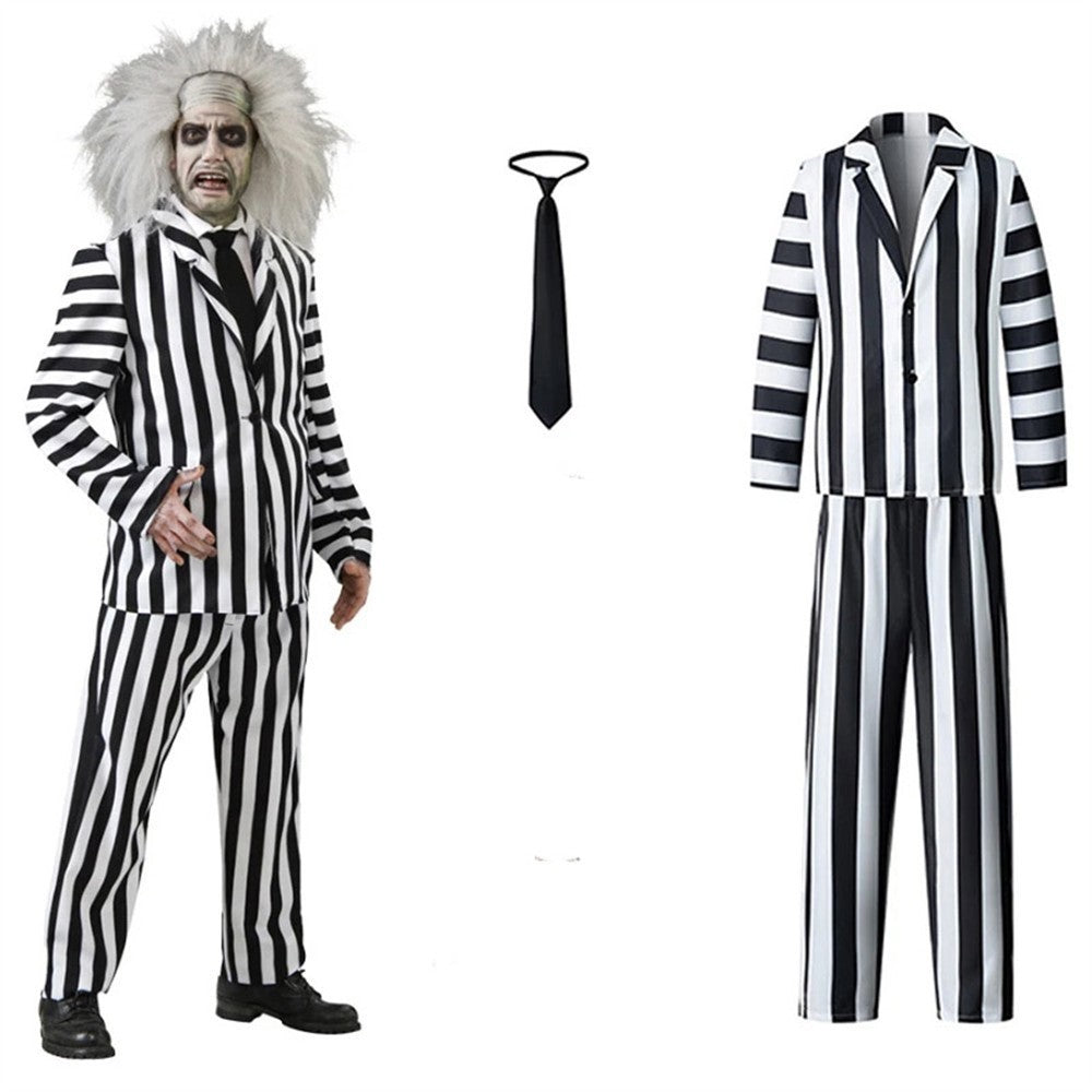 Men Beetlejuice Fancy Dress Spooky Halloween Cosplay Costume with Suit Pants Tie