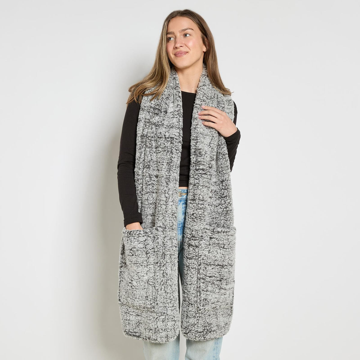 OHS Teddy Fleece Scarf Long Thermal Soft Pockets Hand Neck Warmer Marl Wrap