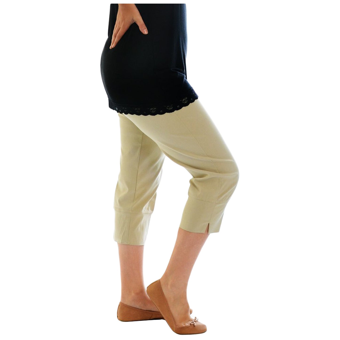 WOMENS LADIES 3/4 TROUSERS STRETCH ELASTICATED WAIST PLAIN CROPPED PLUS BIG SIZE
