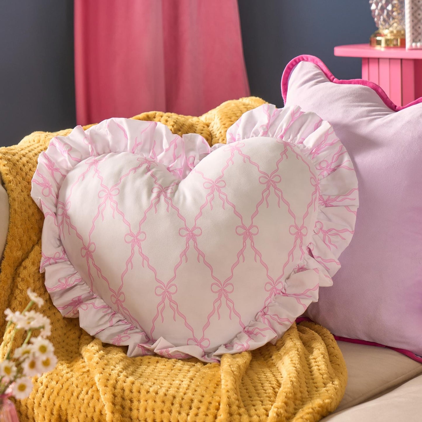 OHS Heart Scatter Cushion Bow Lattice Frill Microfibre Decorative Throw Pillow
