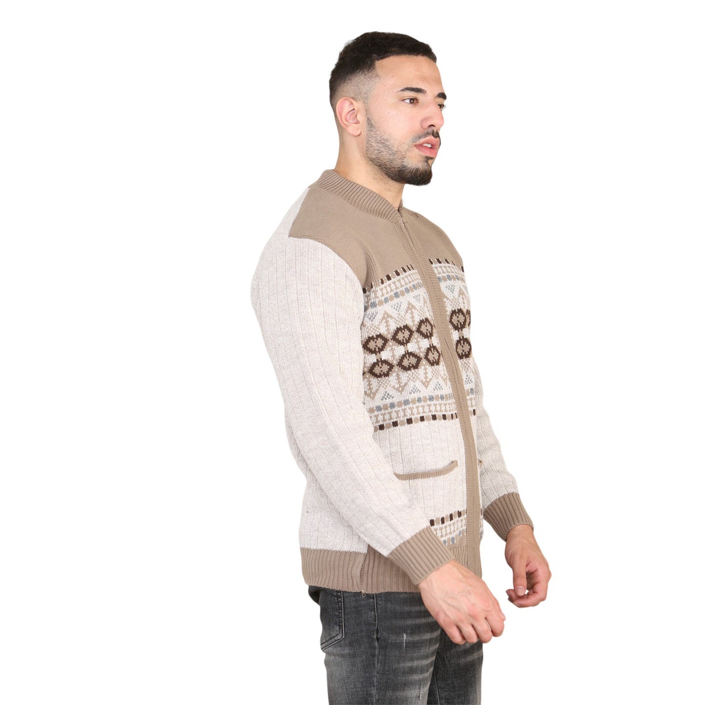 MENS AZTEC PATTERN CARDIGAN ZIP POCKET THICK WINTER WARM SWEATER KNITTED JUMPER
