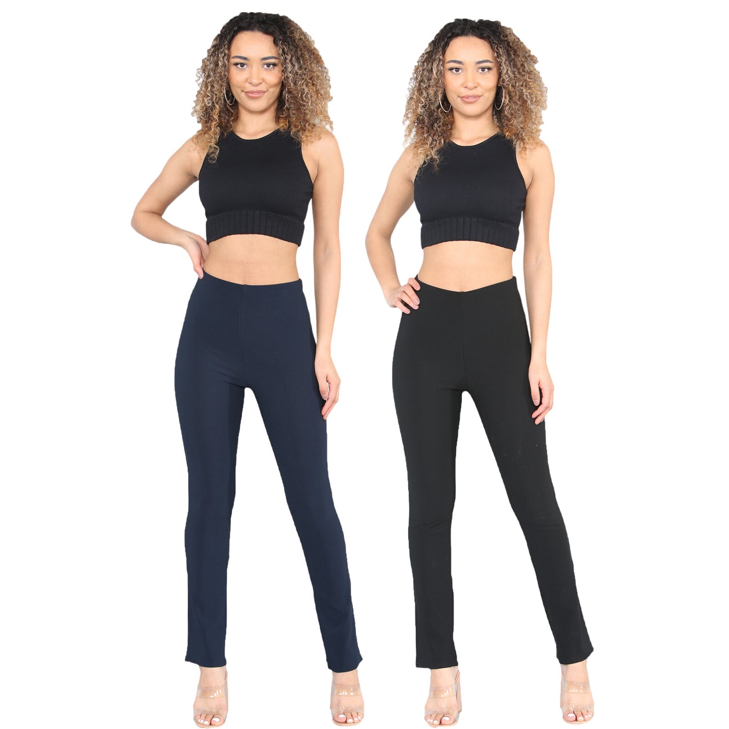 PACK OF 2 WOMENS BOOTLEG TROUSERS LADIES ELASTICATED WAIST RIBBED PANTS BOTTOMS