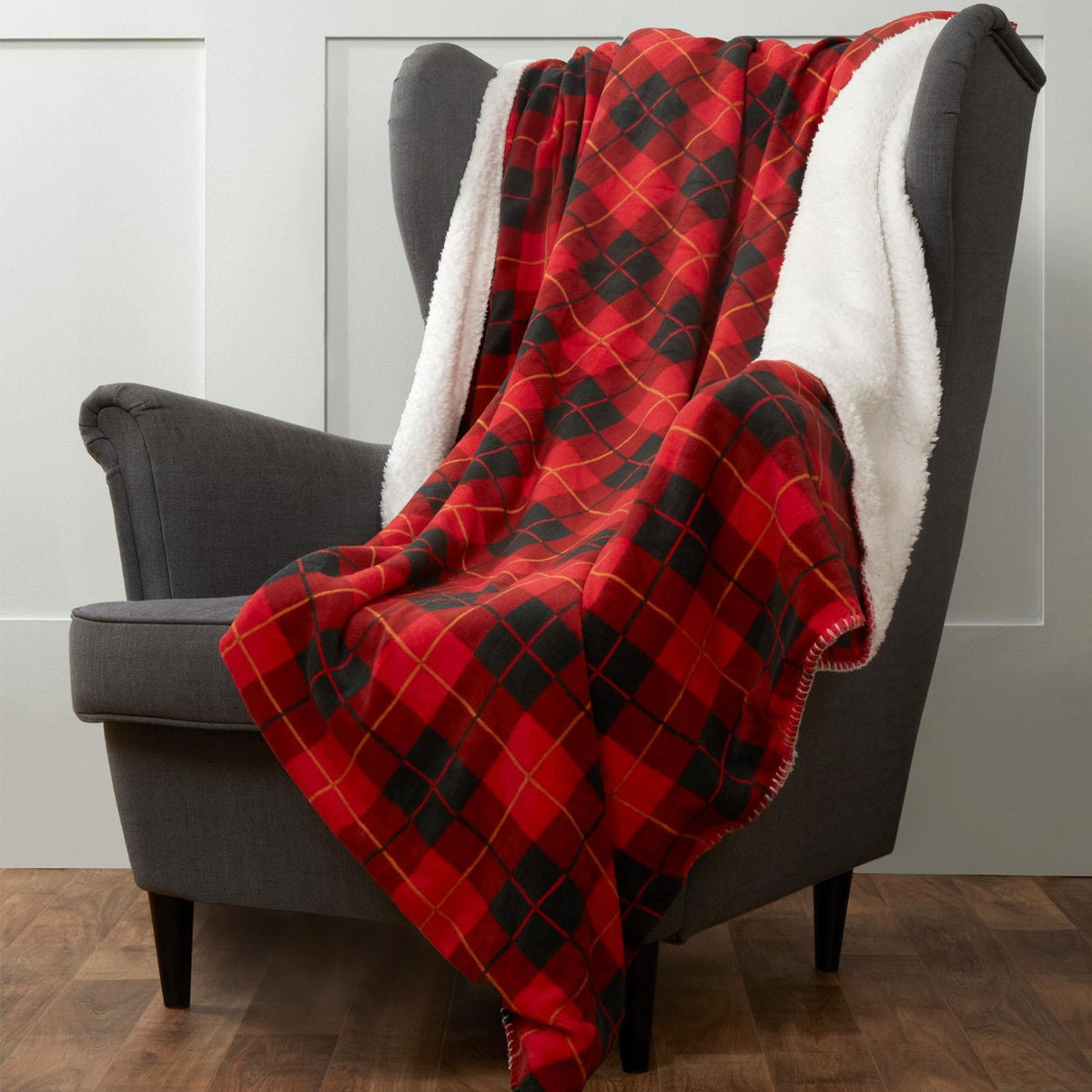 OHS Large Tartan Sherpa Flannel Fleece Throw Over Bed Blanket Check Red