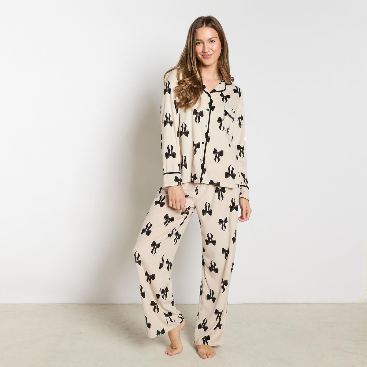 OHS Bows Pyjama Set Womens Button Through Baby Fleece Loungewear Nightwear