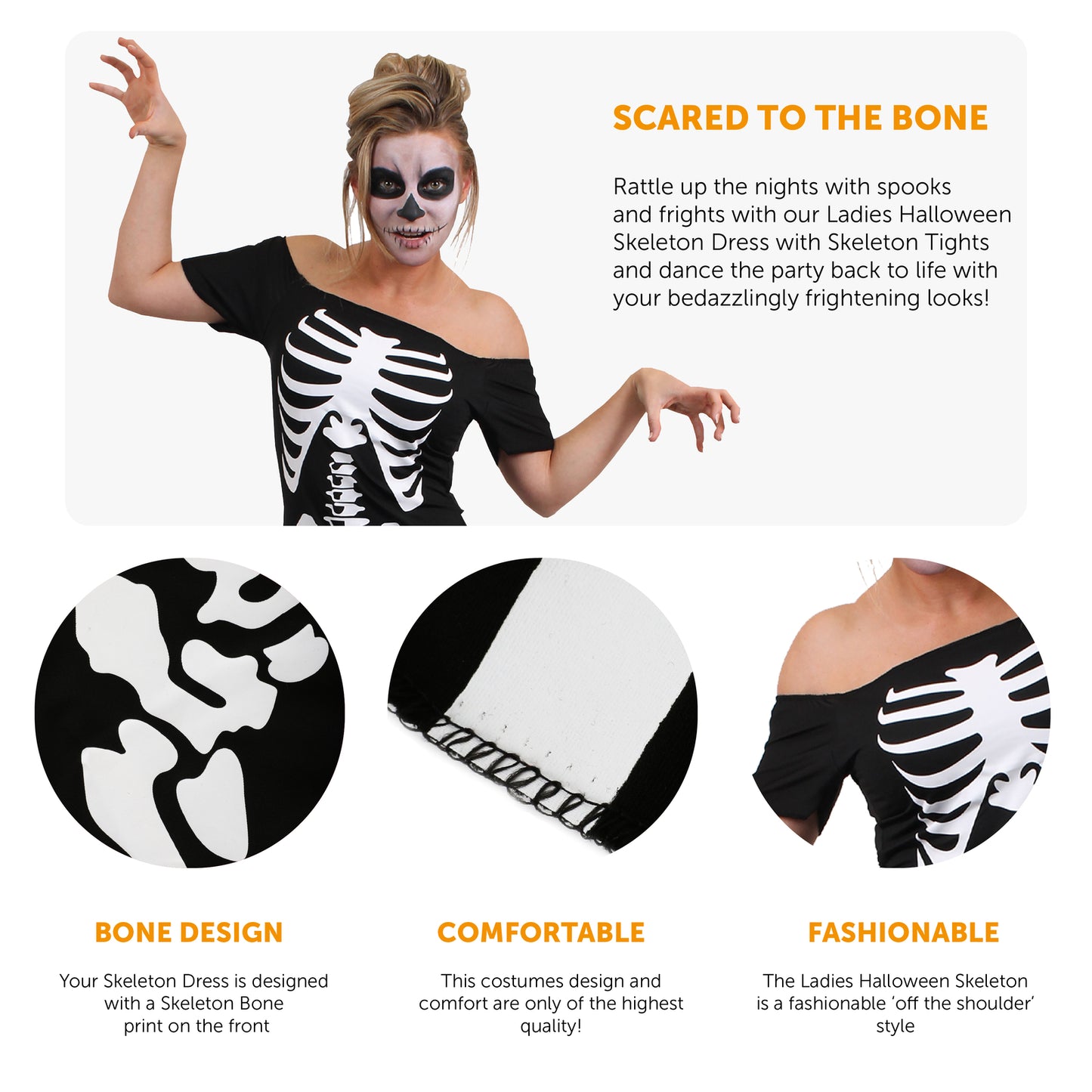 SKELETON SKATER DRESS COSTUME HALLOWEEN FANCY DRESS LADIES WOMENS ADULT OUTFIT