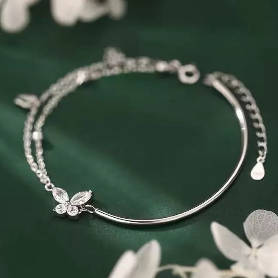 925 Sterling Silver Crystal Butterfly Double Layer Bracelet Women Jewellery Gift