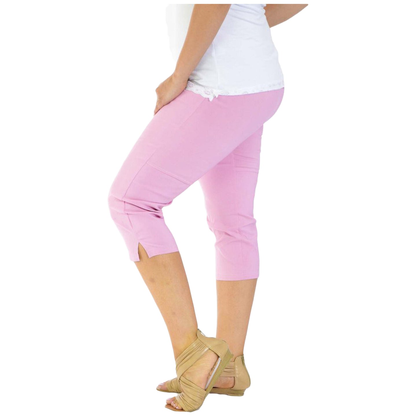 WOMENS LADIES 3/4 TROUSERS STRETCH ELASTICATED WAIST PLAIN CROPPED PLUS BIG SIZE