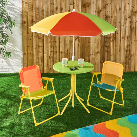 OHS Kids Folding Bistro Set Colour Block Table Chair Seat with Parasol Garden