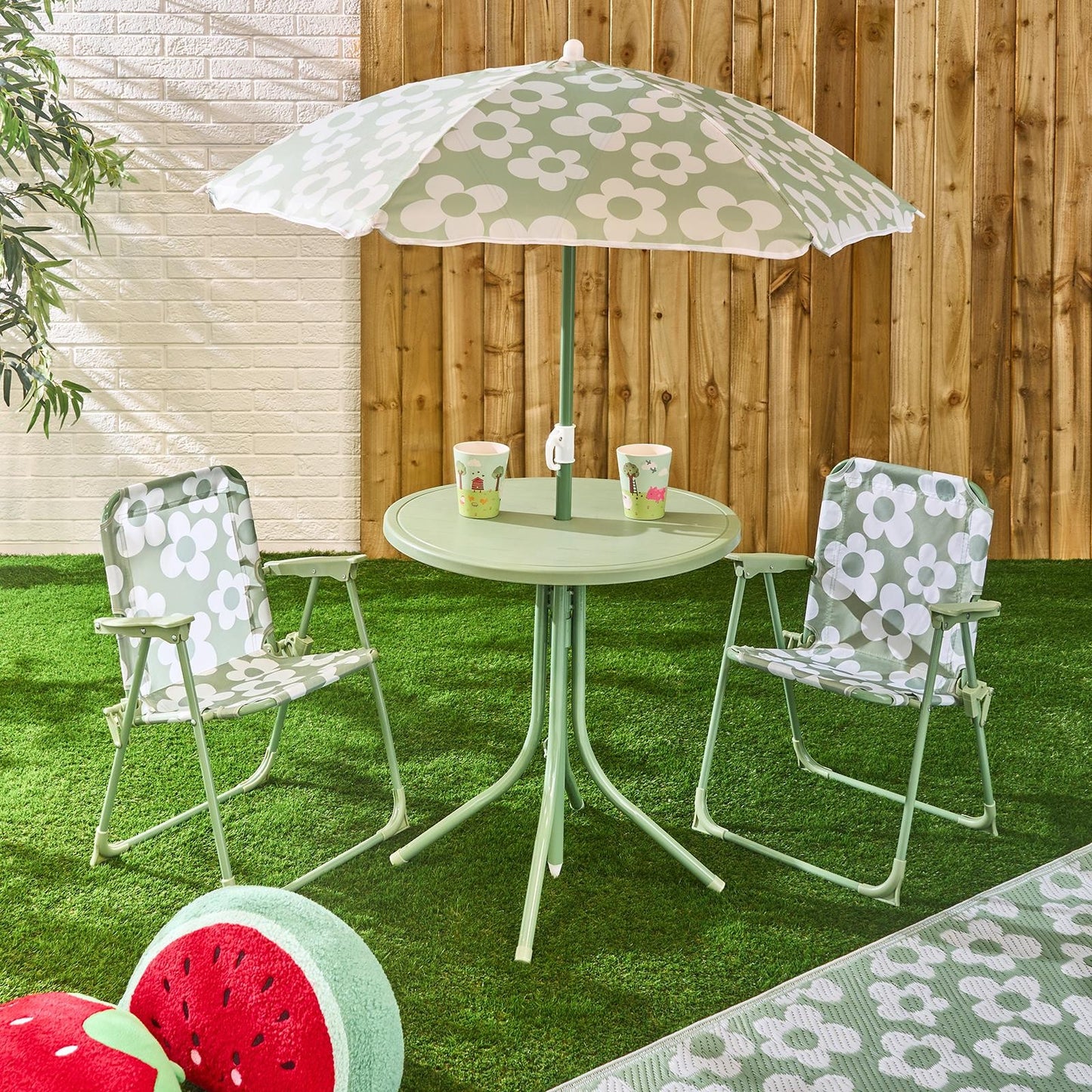 OHS Kids Folding Bistro Set Daisy Print Table Chair Seat with Parasol Garden