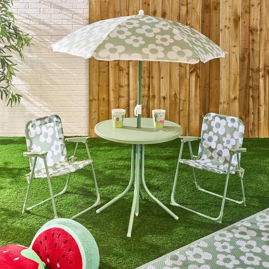 OHS Kids Folding Bistro Set Daisy Print Table Chair Seat with Parasol Garden