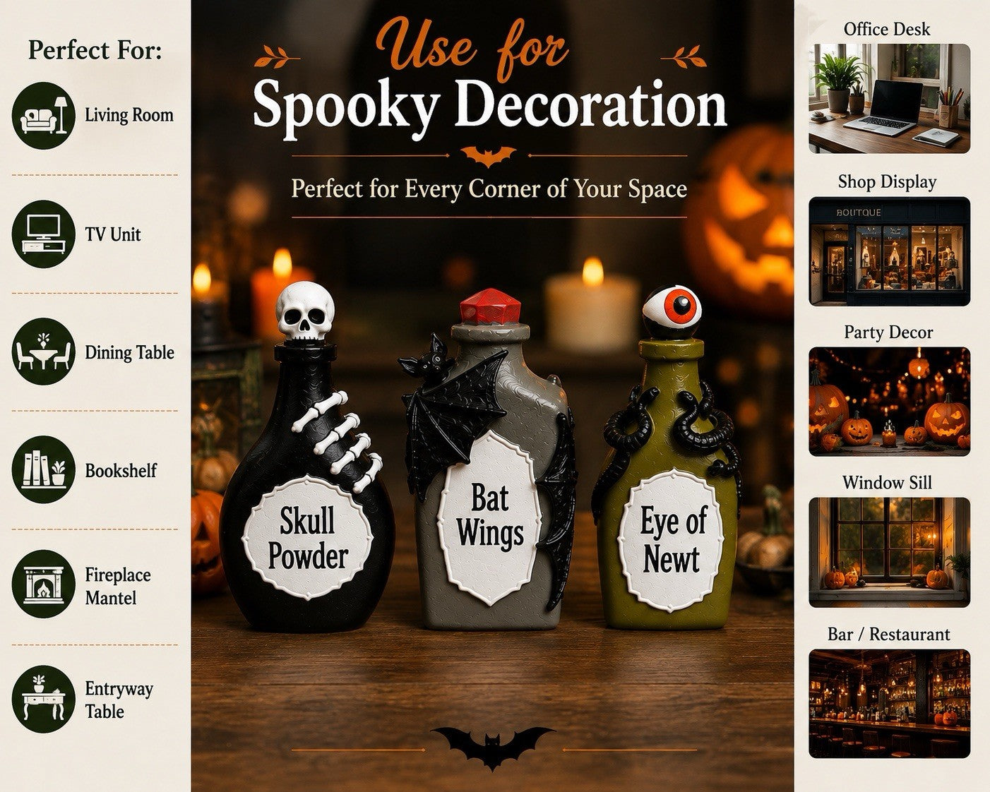 Halloween Decorations Set of 3 Spooky Potion Bottles Hand Painted 15cm Indoor