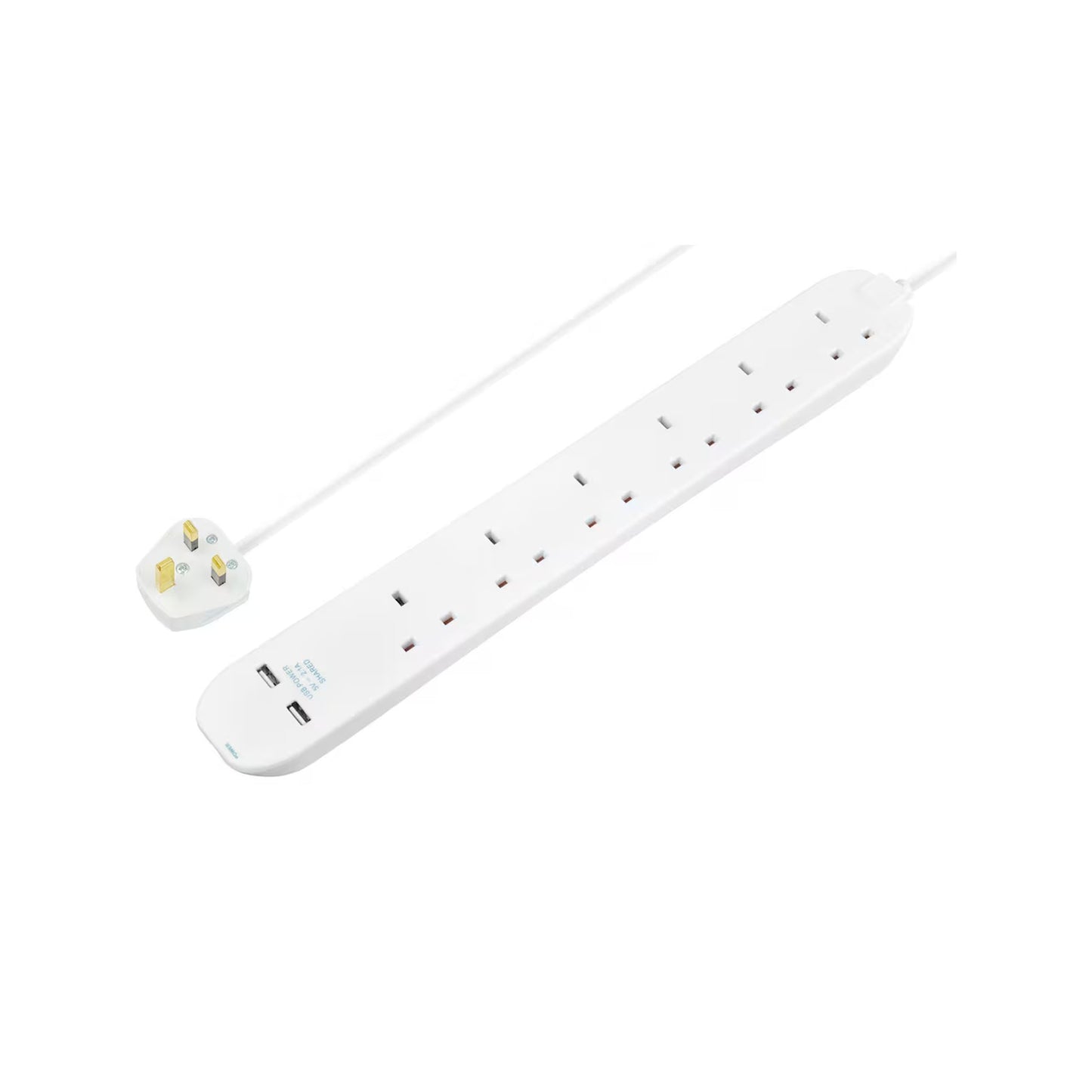 Masterplug 6 Socket Gang Extension Lead with 2 USB Ports 1m Cable 13A White