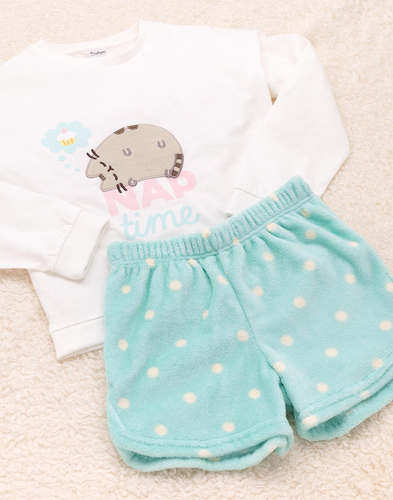 Pusheen Long Sleeve Short Leg Pyjama Set | Girls Blue/Cream | Official Merch