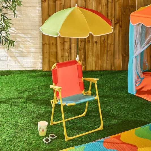 OHS Kids Camping Chair Parasol Set Colour Block Outdoor Garden Folding Seat