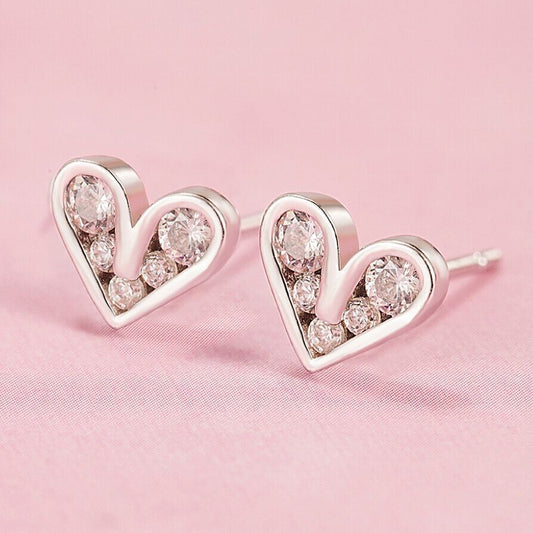 Womens Girls 925 Sterling Silver Crystal Heart Stud Earrings Jewellery Gift UK