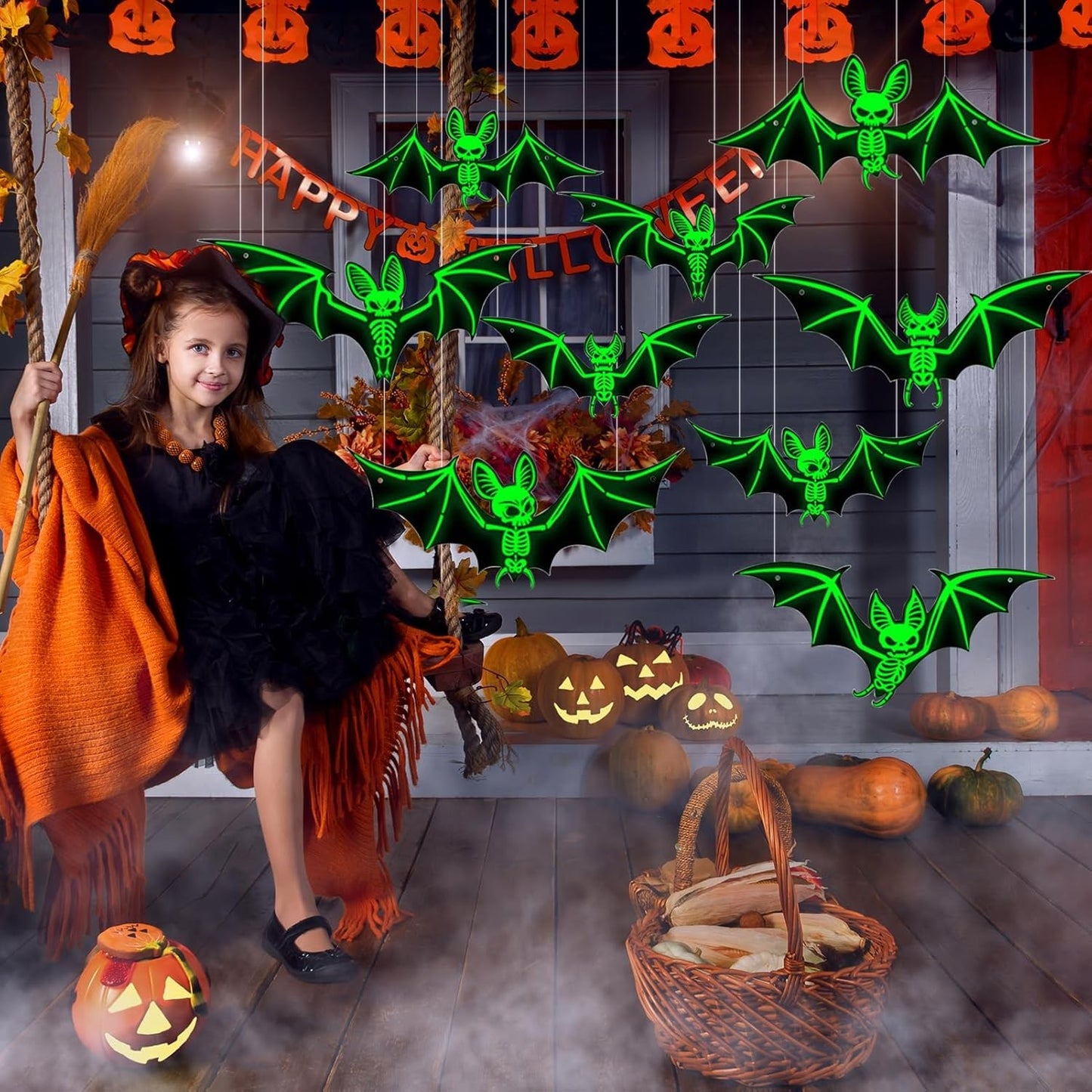 10Pcs Hanging Bats Halloween Decorations Outdoor - Large Flying Plastic Bats UK