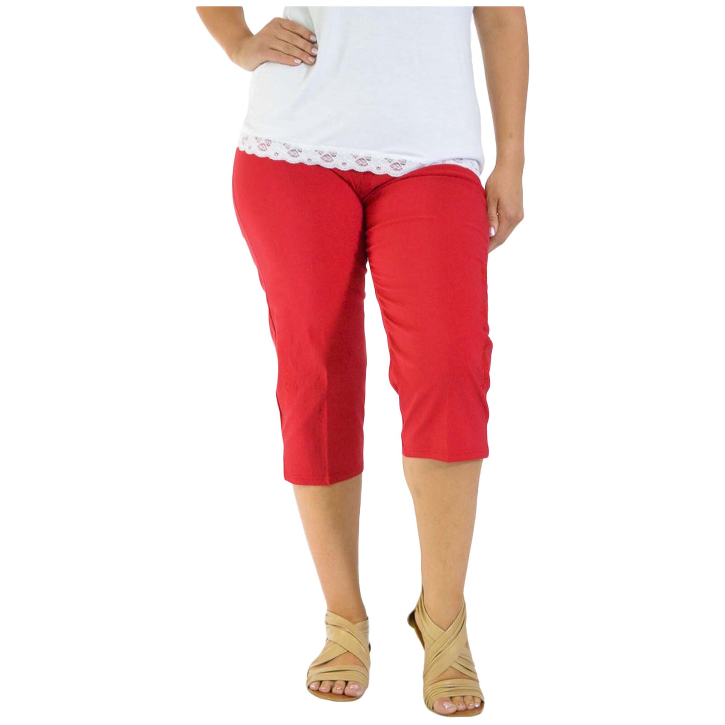 3/4 LENGTH WOMENS LADIES STRETCH ELASTICATED WAIST PLAIN PANTS CROPPED TROUSERS
