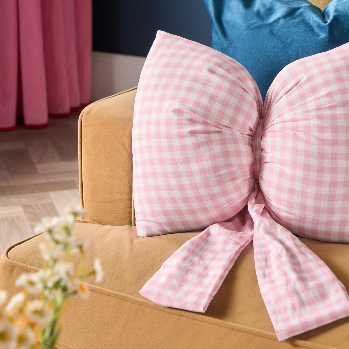 OHS Bow Shaped Cushion Decorative Filled Gingham Scatter Throw Pillow