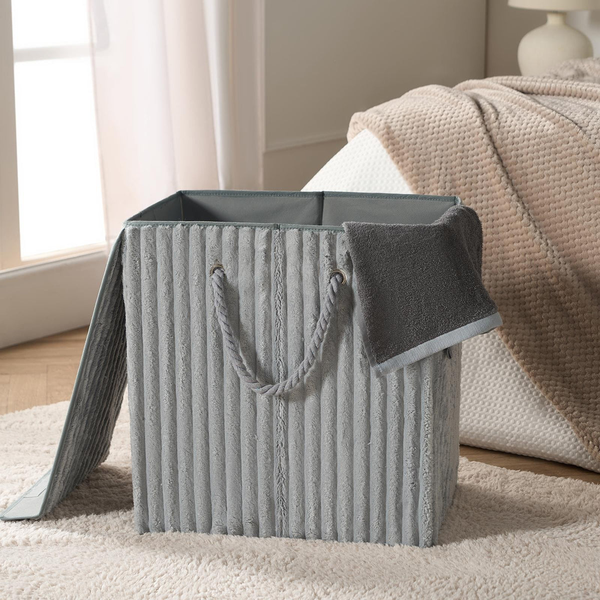 OHS Ribbed Laundry Basket with Lid Foldable Hamper Bag Washing Bin Storage