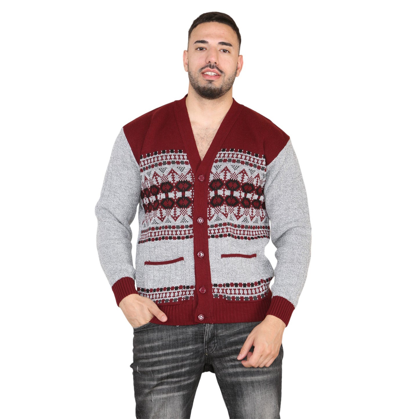 MENS AZTEC PATTERN CARDIGAN ZIP POCKET THICK WINTER WARM SWEATER KNITTED JUMPER