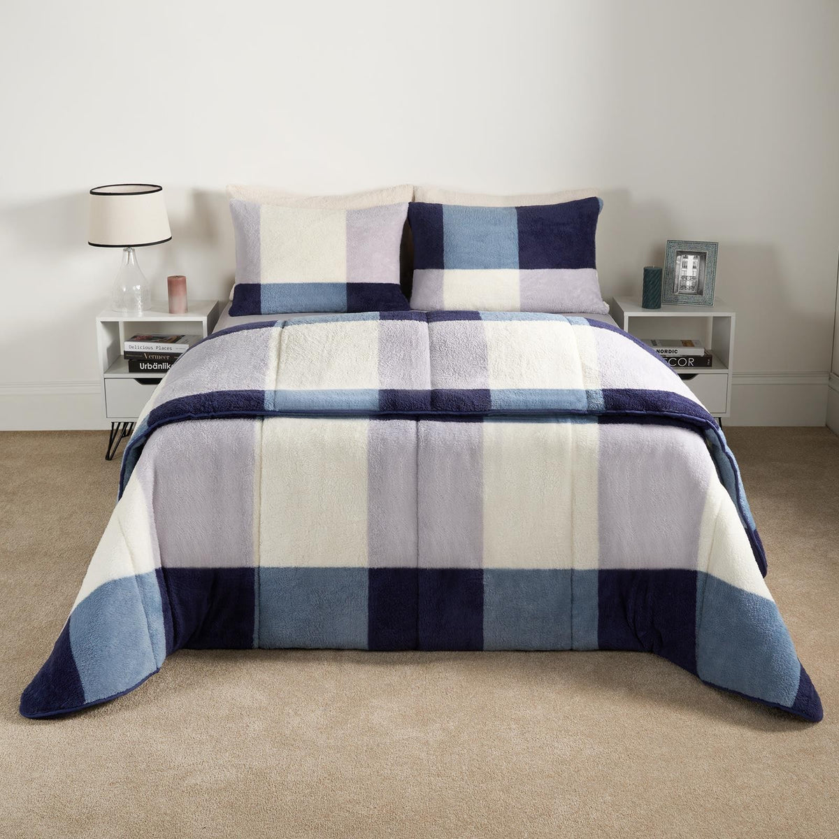 OHS Check Coverless Duvet Pillowcase Bedding Set Teddy Fleece Gingham 10.5 TOG