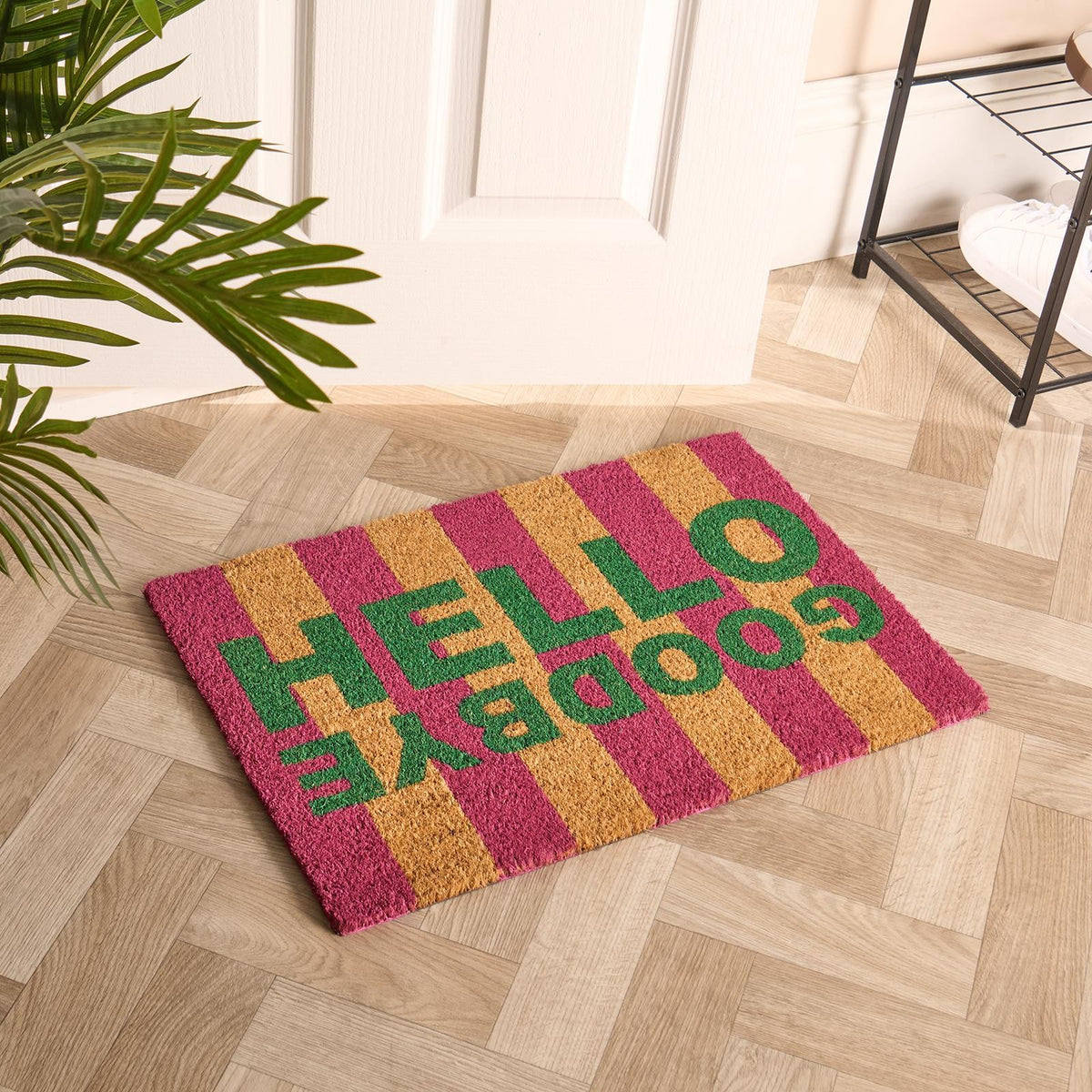 OHS Striped Doormat Hello Goodbye Slogan Non Slip Indoor Outdoor Coir Door Rug