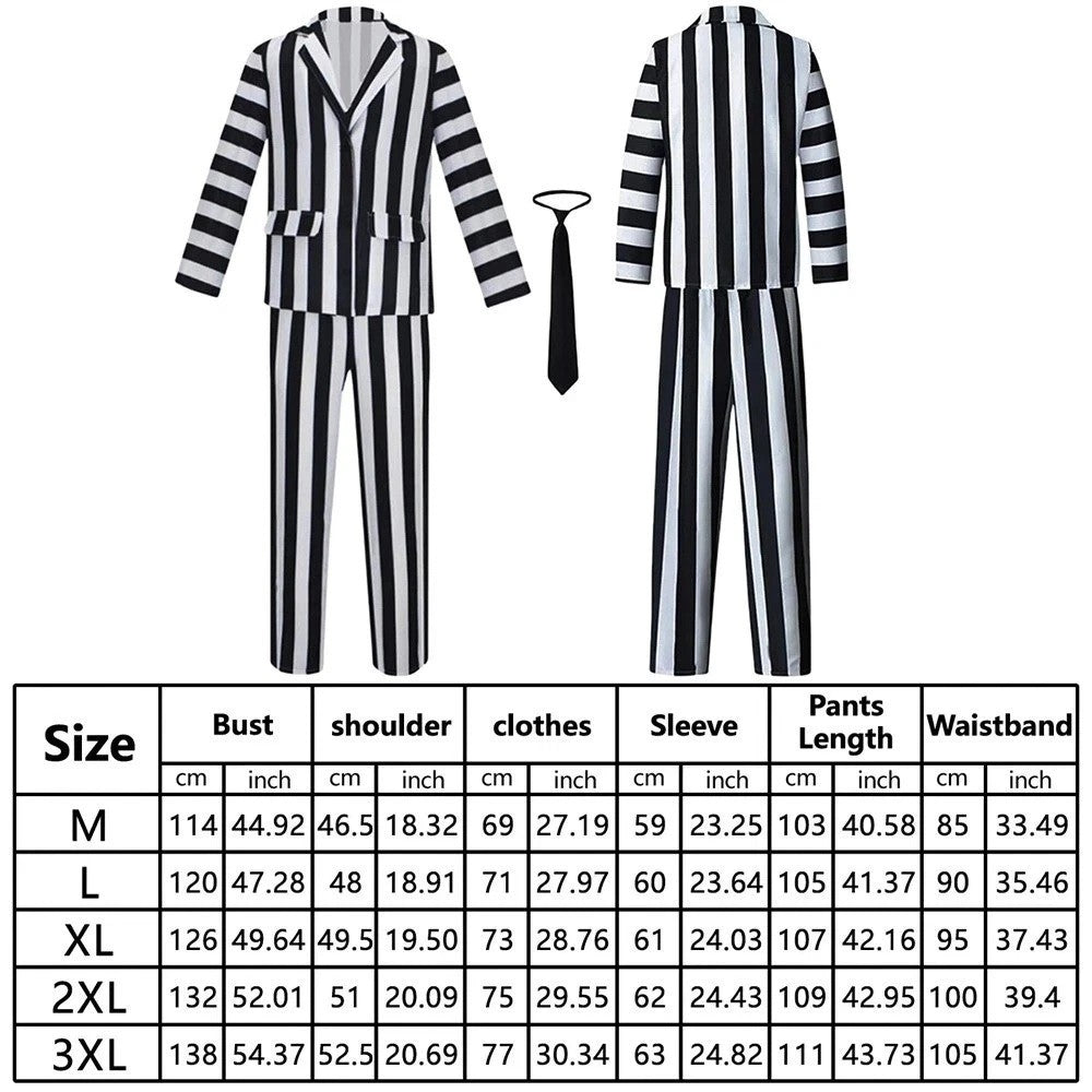Men Beetlejuice Fancy Dress Spooky Halloween Cosplay Costume with Suit Pants Tie