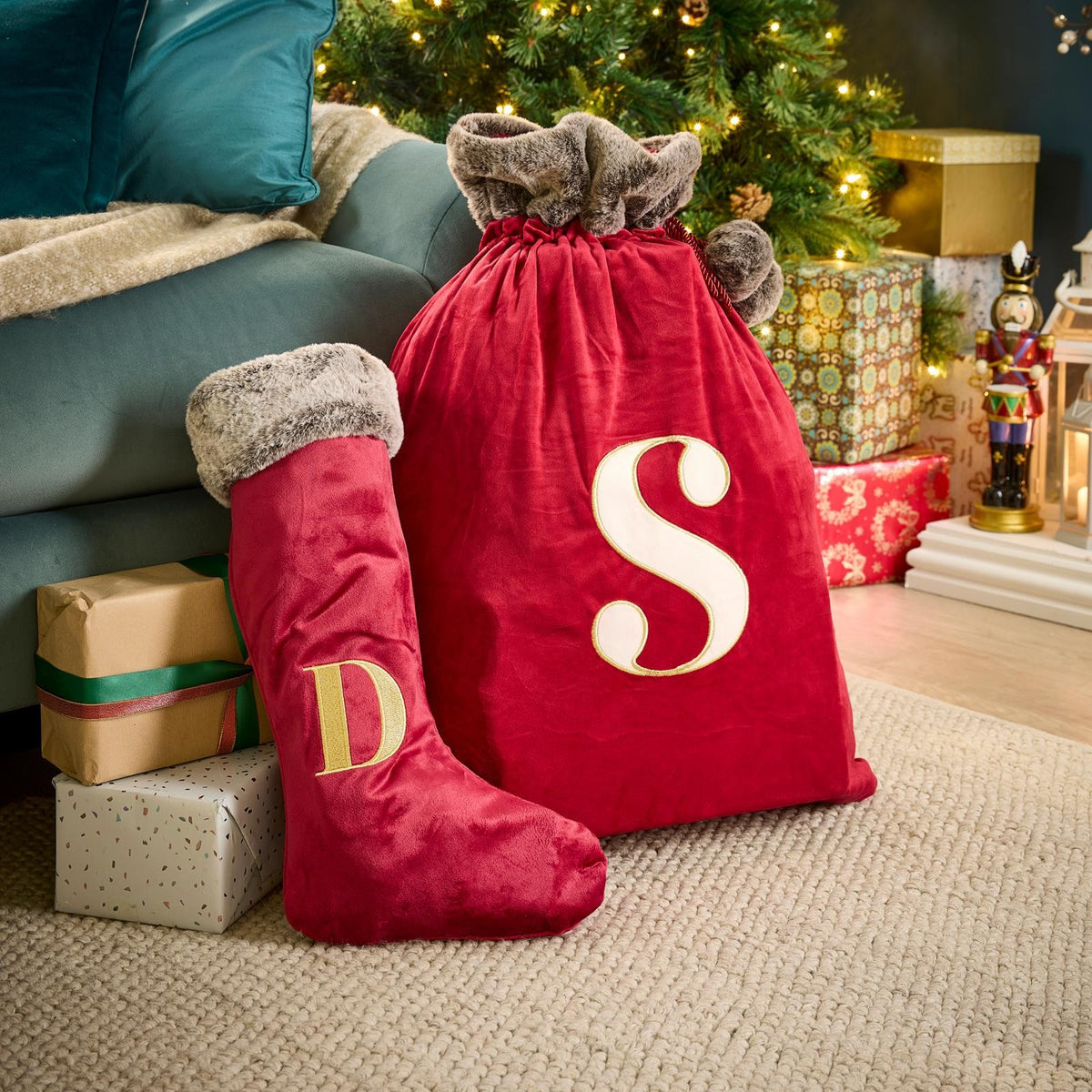 OHS Christmas Alphabet Stocking Sack Set Festive Xmas Santa Gift Bag