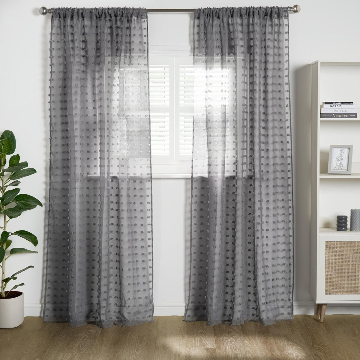 OHS Pompom Tufted Voile Net Curtains Pair 2 Window Panels Slot Top Set 55" Wide