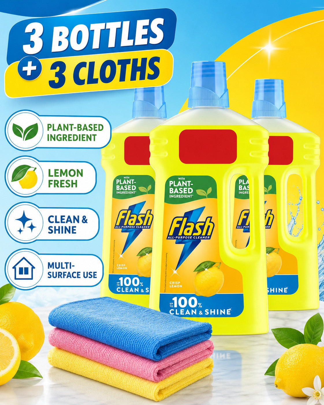 Flash All-Purpose Floor Cleaner Bundle, Crisp Lemon, 3 x 1L Bottles + 3 Reusable