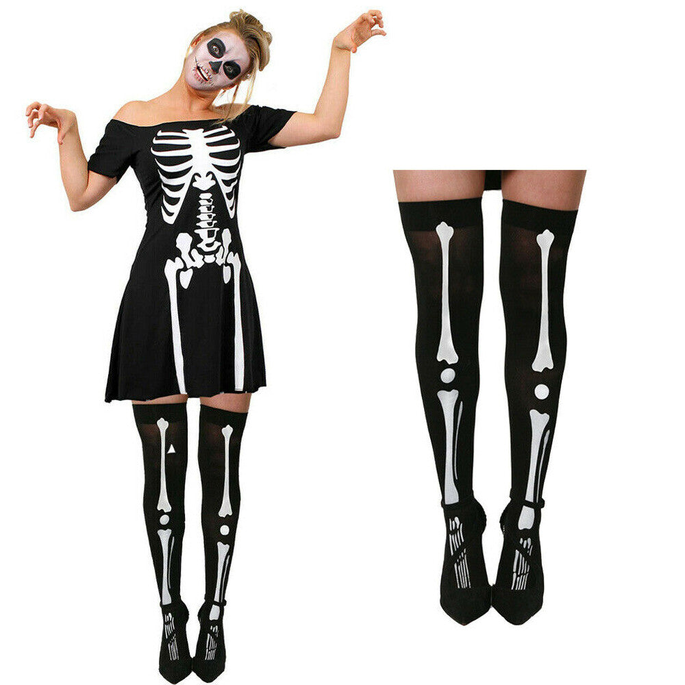 LADIES SKELETON COSTUME BLACK SKATER DRESS HALLOWEEN FANCY DRESS SIZES UK 6/18